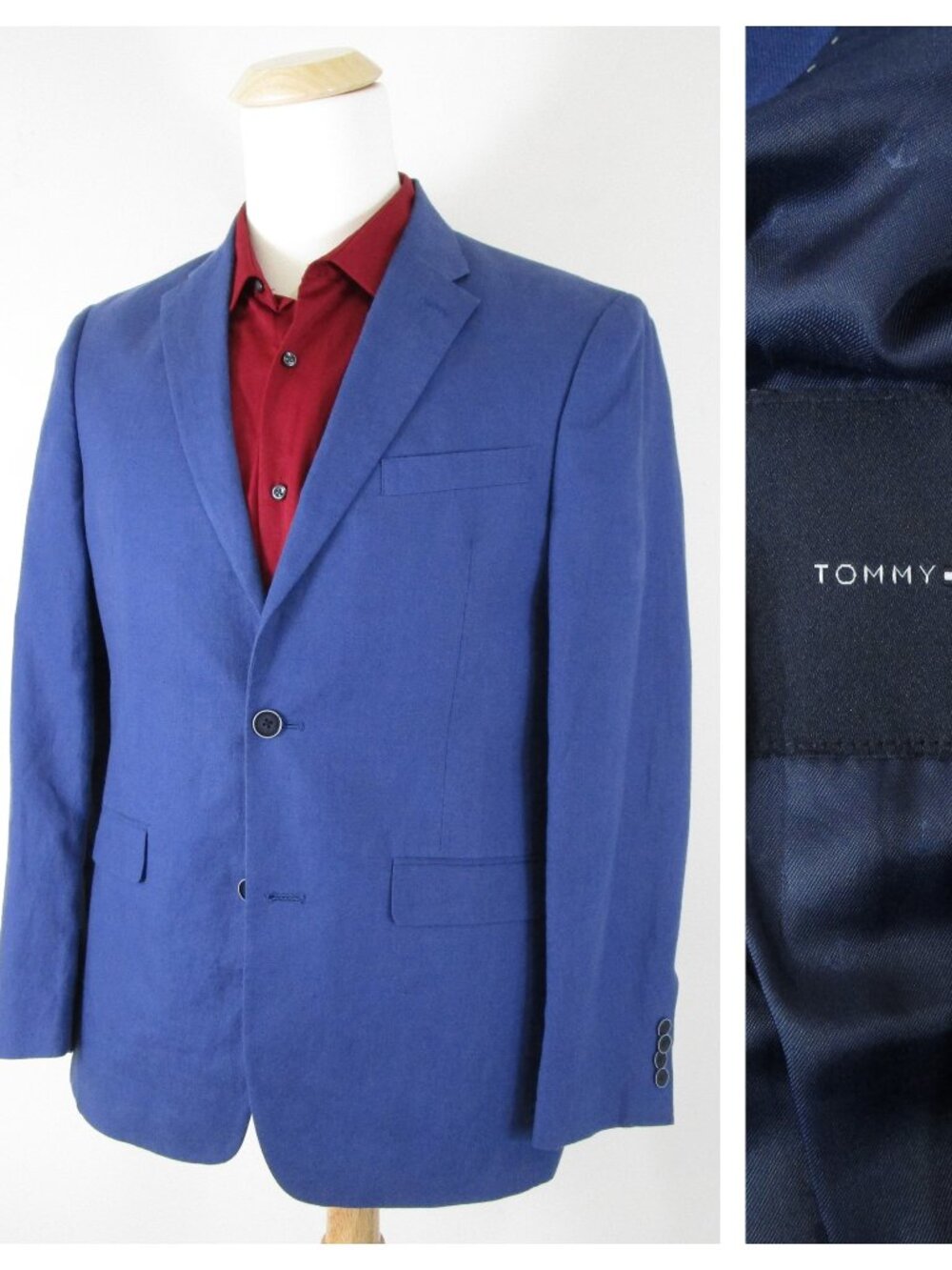 Tommy Hilfiger Men Solid Blue Linen Two Button Sport Coat Jacket Size 38R